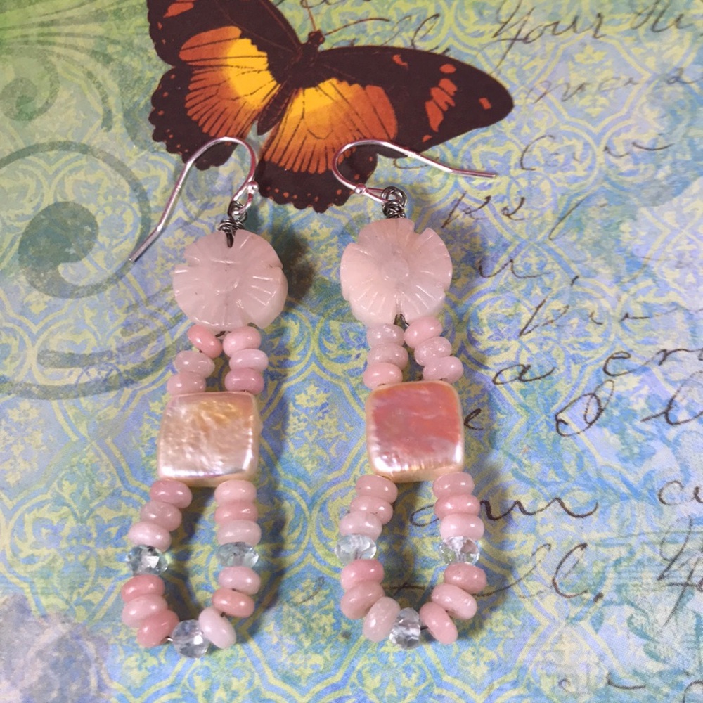 Peruvian pink opal, aqua marine, + pearl earrings